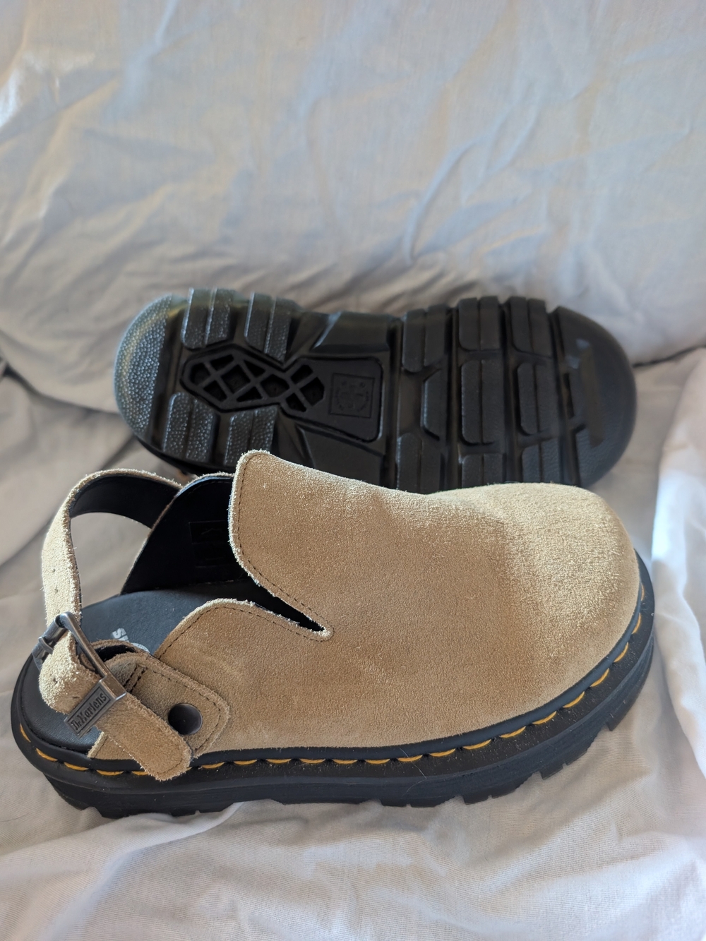 Women's Doc Martens taupe suede slip-on Clog with adjustable heel strap